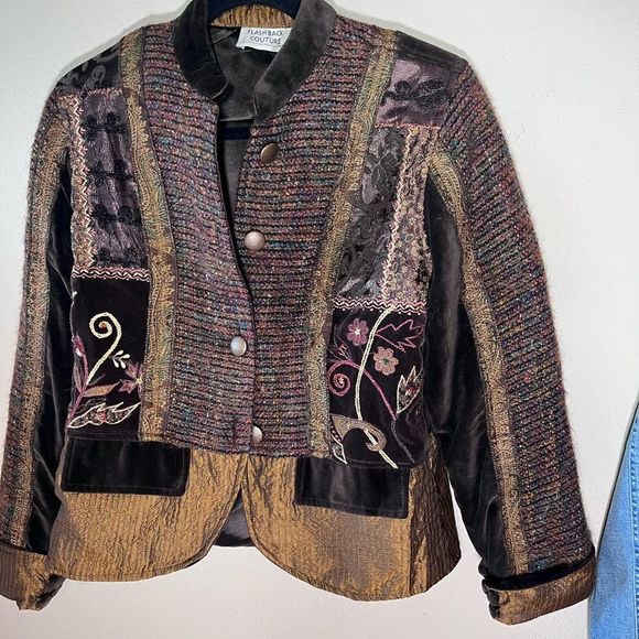 Flashback Couture Blazer Jacket Mixed Fabrics Velvet Satin Tweed 4 Button - Picture 12 of 15